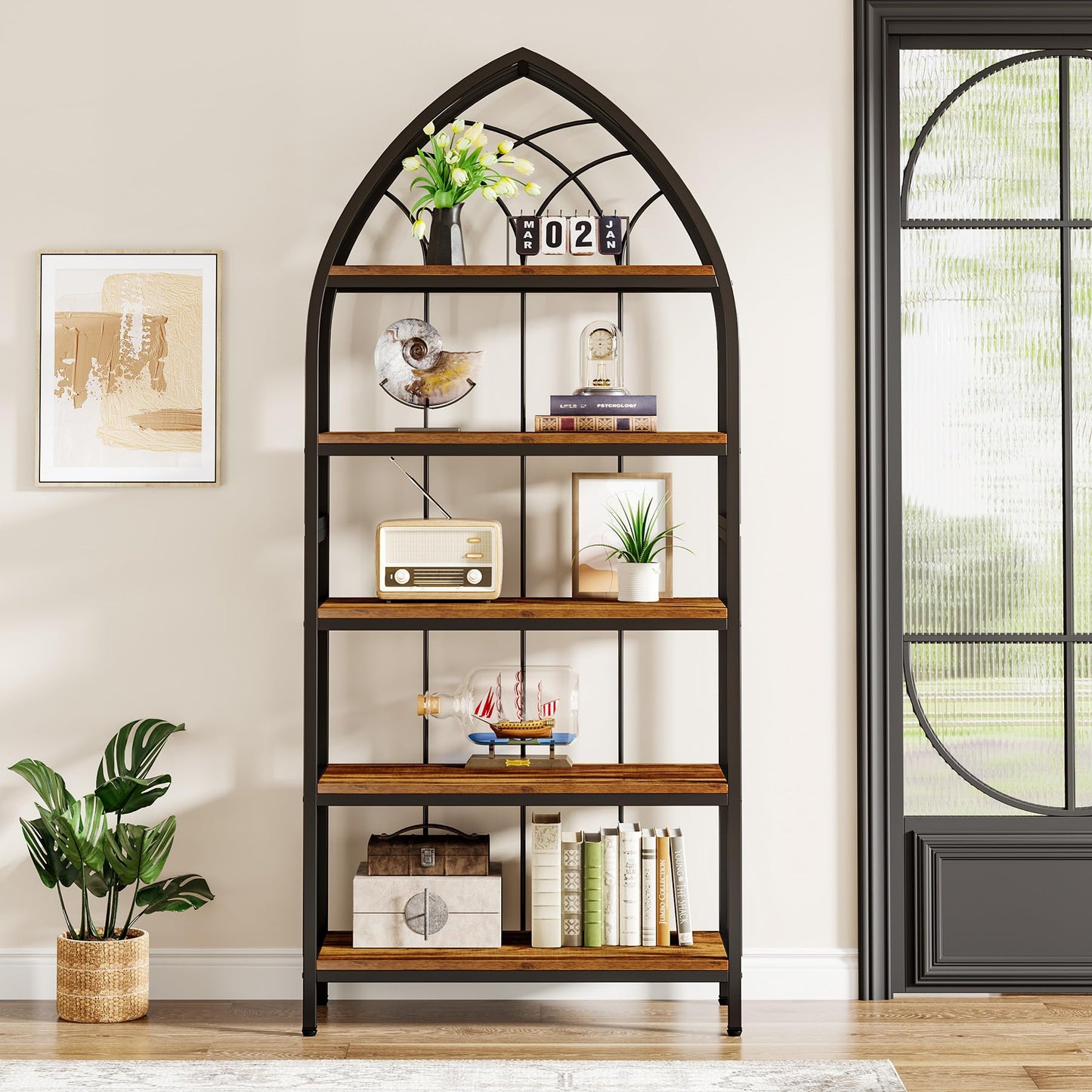 Tribesigns 5-Tier Bookshelf, 74.8-Inch Tall Bookshelf, Industrial Curved Freestanding Display Shelf, Wood Storage Shelves with Metal Frame for Home Office (2, Rustic Brown & Black)
