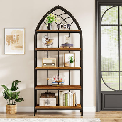 Tribesigns 5-Tier Bookshelf, 74.8-Inch Tall Bookshelf, Industrial Curved Freestanding Display Shelf, Wood Storage Shelves with Metal Frame for Home Office (2, Rustic Brown & Black)