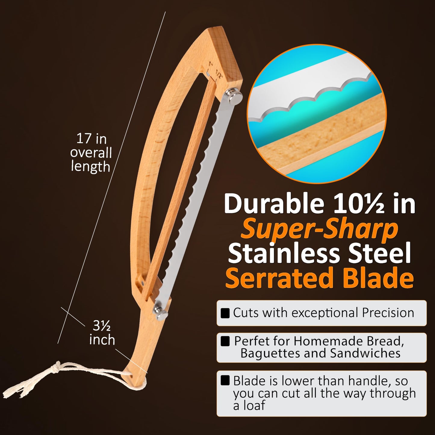 Adjustable Bread Knife for Homemade Bread - Bread Slicer with 1/2-inch and 1-inch Thickness Guides - 17 inch Bread Cutter - Bow Design Easy to Cutting Even Slices for Sourdough Baguettes Sandwiches