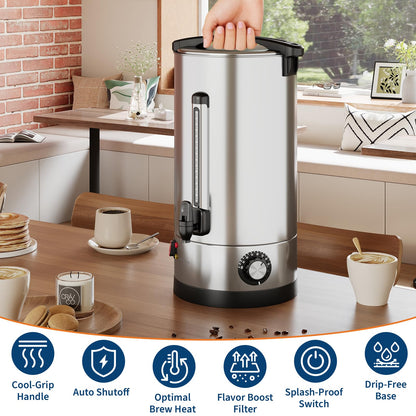 70-Cup Commercial Coffee Urn, 10L / 2.6Gal Double Wall Insulation Coffee Dispenser, Stainless Steel Large Hot Beverage Dispenser with Automatic Temperature Control & Faucet for Party Buffet, Silver
