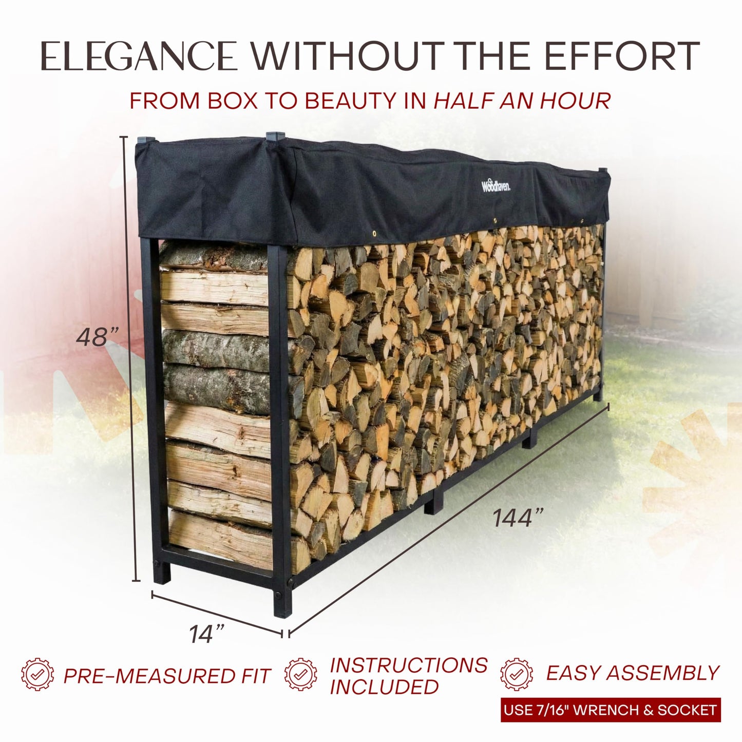 Woodhaven 12-Foot Firewood Rack – American Brand – 3/4 Cord Raised Lumber Storage Rack – Keeps Wood Dry & Ready – Heavy-Duty Steel, Lifetime Structural Warranty (With Cover)