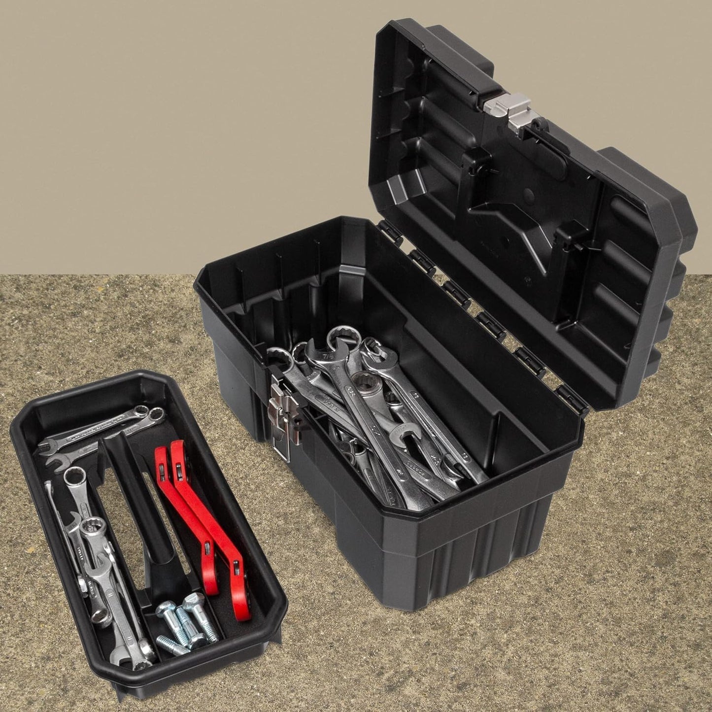 Akro-Mils 14-Inch Plastic Toolbox with Removable Tray, Steel Latch & Padlock Eye, Industrial-Grade Tool Box for Tools, Crafts, First Aid & Hobby Supplies, 14" x 8" x 8", Made in USA, Black (09514)