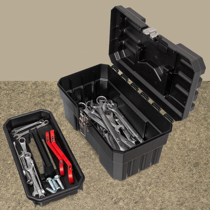 Akro-Mils 14-Inch Plastic Toolbox with Removable Tray, Steel Latch & Padlock Eye, Industrial-Grade Tool Box for Tools, Crafts, First Aid & Hobby Supplies, 14" x 8" x 8", Made in USA, Black (09514)