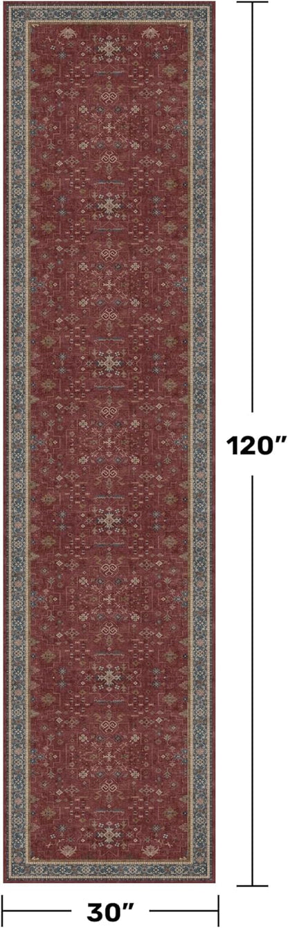Regine Switzerland Dark Red Hallway Runner Rug - 10ft Washable Non-Slip Indoor Mat | Soft Boho Floral Design