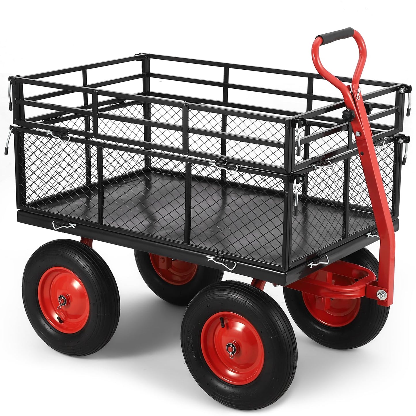 1400 lbs Steel Garden Cart, Heavy Duty Metal Yard Utility Wagon with Removable Mesh Sides, 2-in-1 180° Rotating Handle and 16 inch Wheels, Steel Utility Wagon Perfect for Garden, Farm, Yard