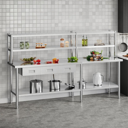 Jocisland 96"x24" Stainless Steel Work Table with Overshelves, 2/3 Drawers, Adjustable Shelf & Hooks, Food-Grade Stainless Steel Heavy-Duty Prep Station for Commercial Kitchen, Restaurant, or Garage