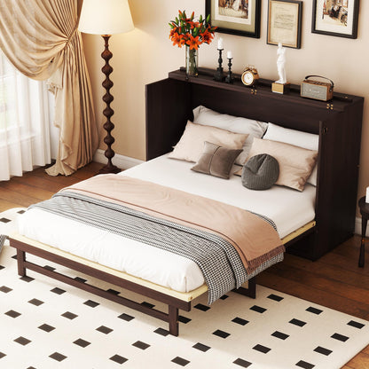 Ball & Cast Hideaway Cabinet Bed Queen Size,Wood Rattan Murphy Bedframe with Storage Drawer,Wall Platform can be Folded up,Space-Efficient Design,for Apartment,Bedroom,Espresso