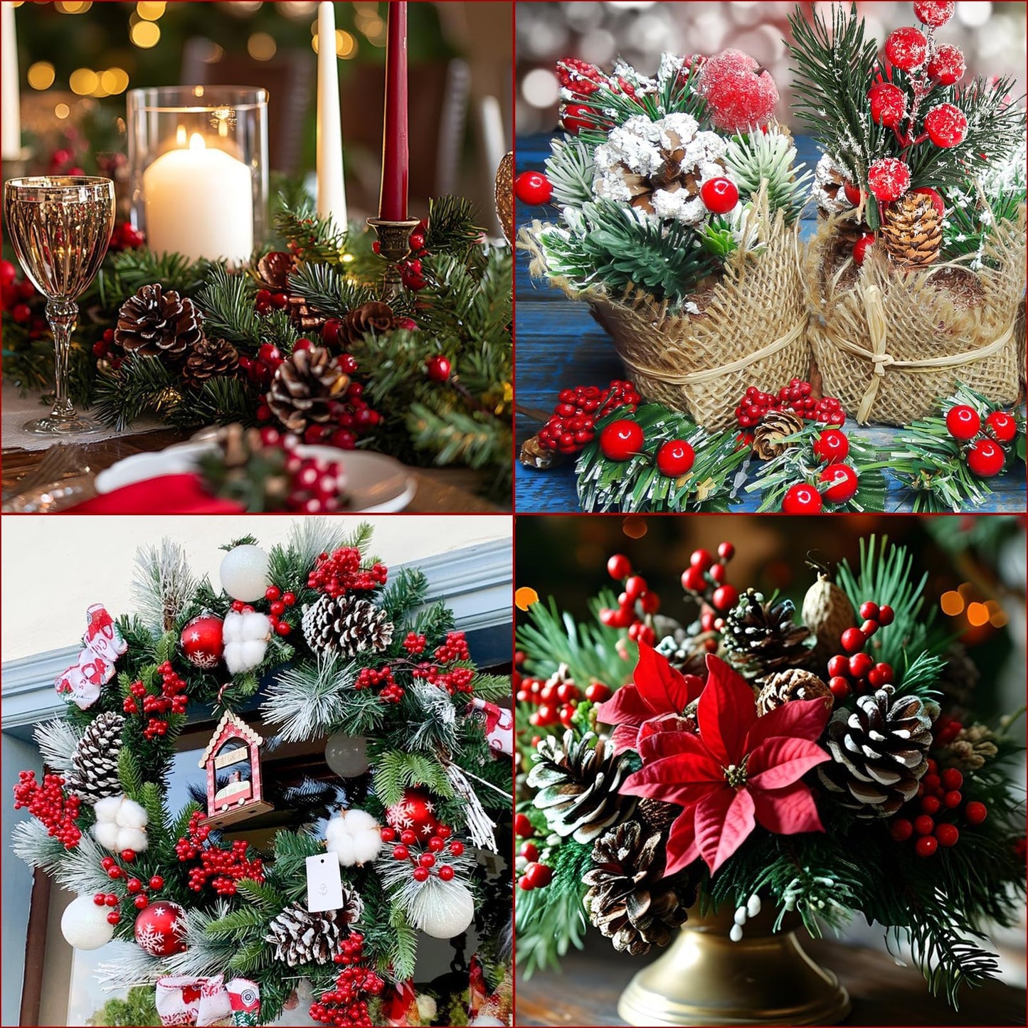 Christmas Pine Cones for Crafts Decorations 144PCS Natural Pine Cones & Artificial Pine Branch & Red Berry & Berry Stems Bulk, for DIY Crafts, Christmas Wreath & Bowl & Vase Filler, Table Decor