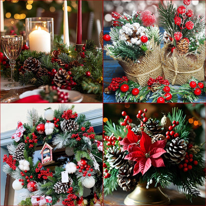 Christmas Pine Cones for Crafts Decorations 144PCS Natural Pine Cones & Artificial Pine Branch & Red Berry & Berry Stems Bulk, for DIY Crafts, Christmas Wreath & Bowl & Vase Filler, Table Decor