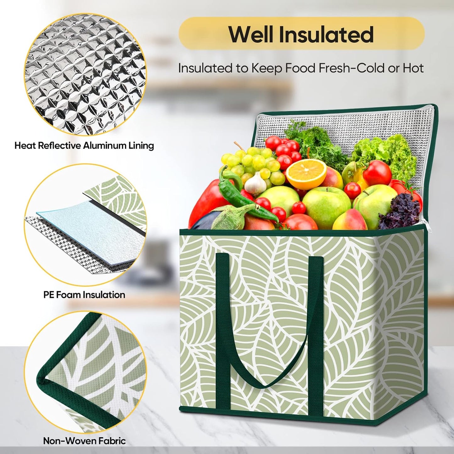 BALEINE 3Pk 2Pk Bags(16"913 Reusable Grocery Bags + Insulated Reusable Grocery