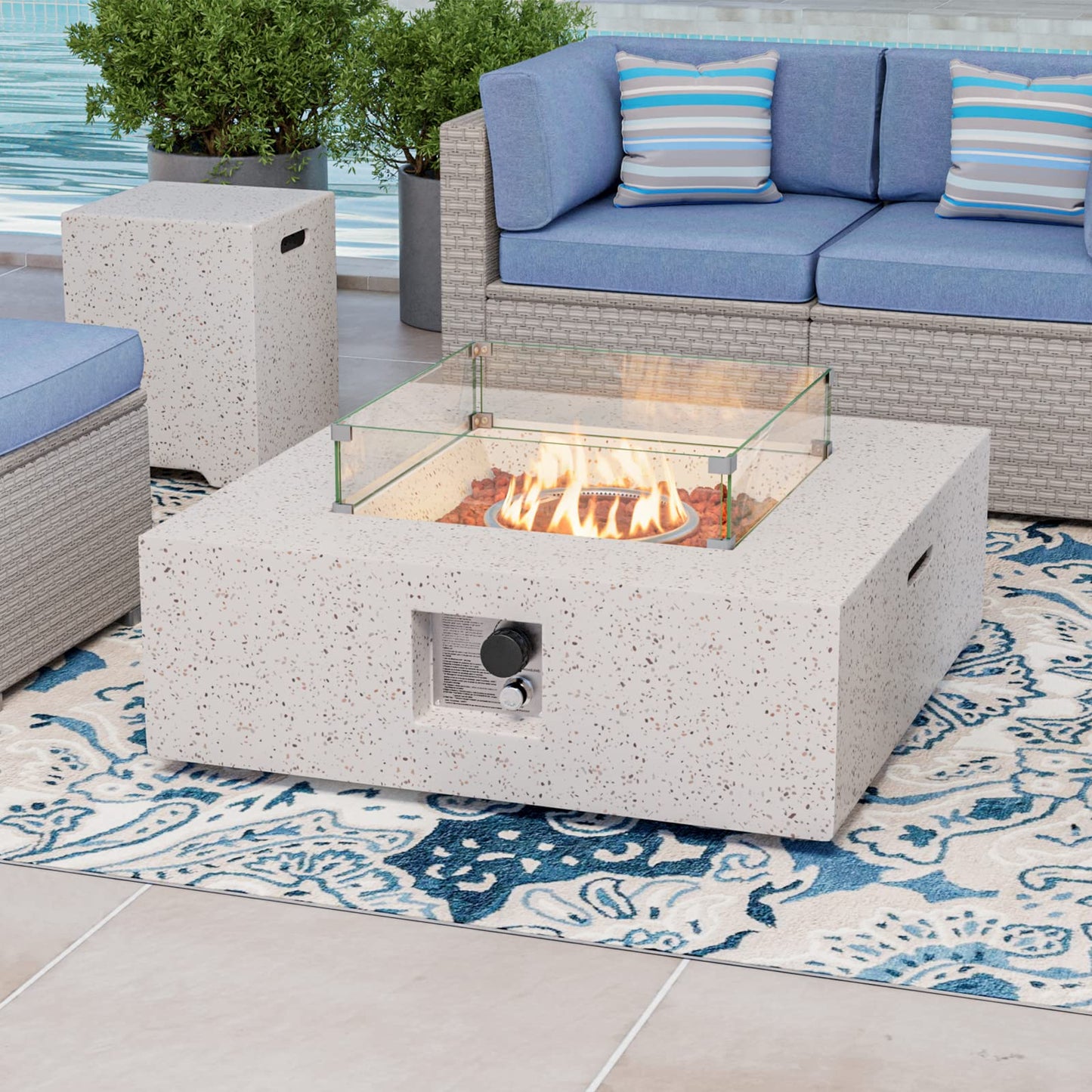 COSIEST 35-inch Square Outdoor Sandstone Propane Fire Pit w Wind Guard and Side Table, Certified, 50,000 BTU Stainless Steel Burner, Free Lava Rocks and Rain Cover, Metal Lid(Beige)