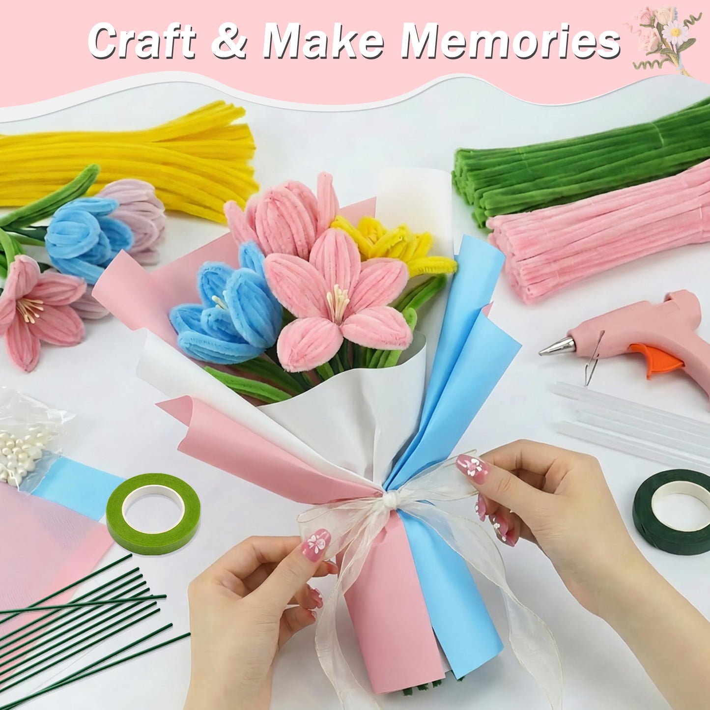Party Rose 650PCS Pipe Cleaners Craft, Pipe Cleaner Bulk Flower Kit, 6 Colors Chenille Stems Flower Making Kit with Floral Wires, Gardening Tape, Stamens