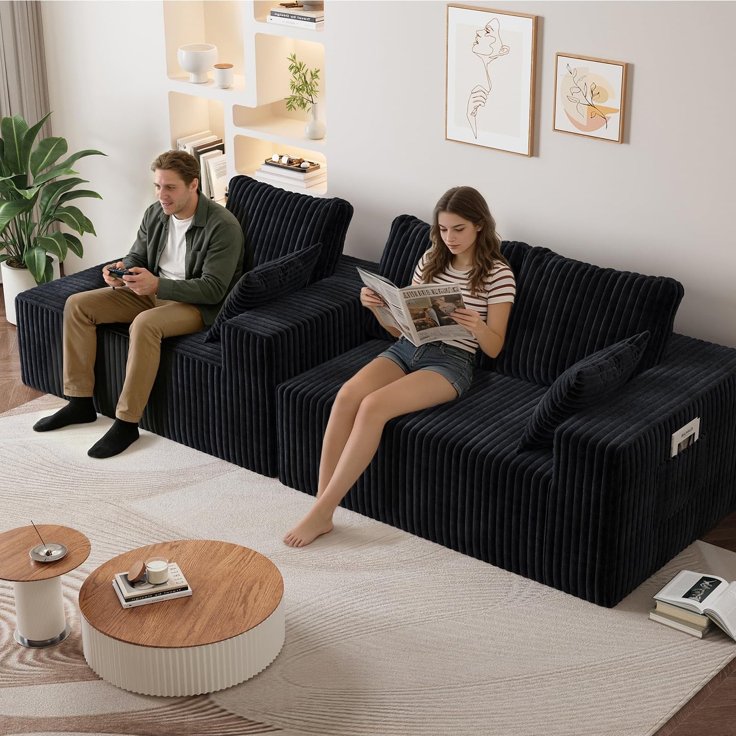 94" Sectional Couches for Living Room, Modular Sectional Sofa with L-Shape Chaise, Cloud Couch, Comfy Flannel Fluffy Couch with Pillows and Side Pockets NoAssembly (Black, Left Facing Chaise-96-inch)