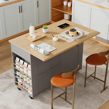 IDEALHOUSE Rolling Kitchen Island with Drop Leaf Countertop, Charging Station & Ample Storage - 47.2" Mobile Kitchen Cart On Wheels with Pull-Out Shelves, Drawers, Spice Rack & Organizer Divider