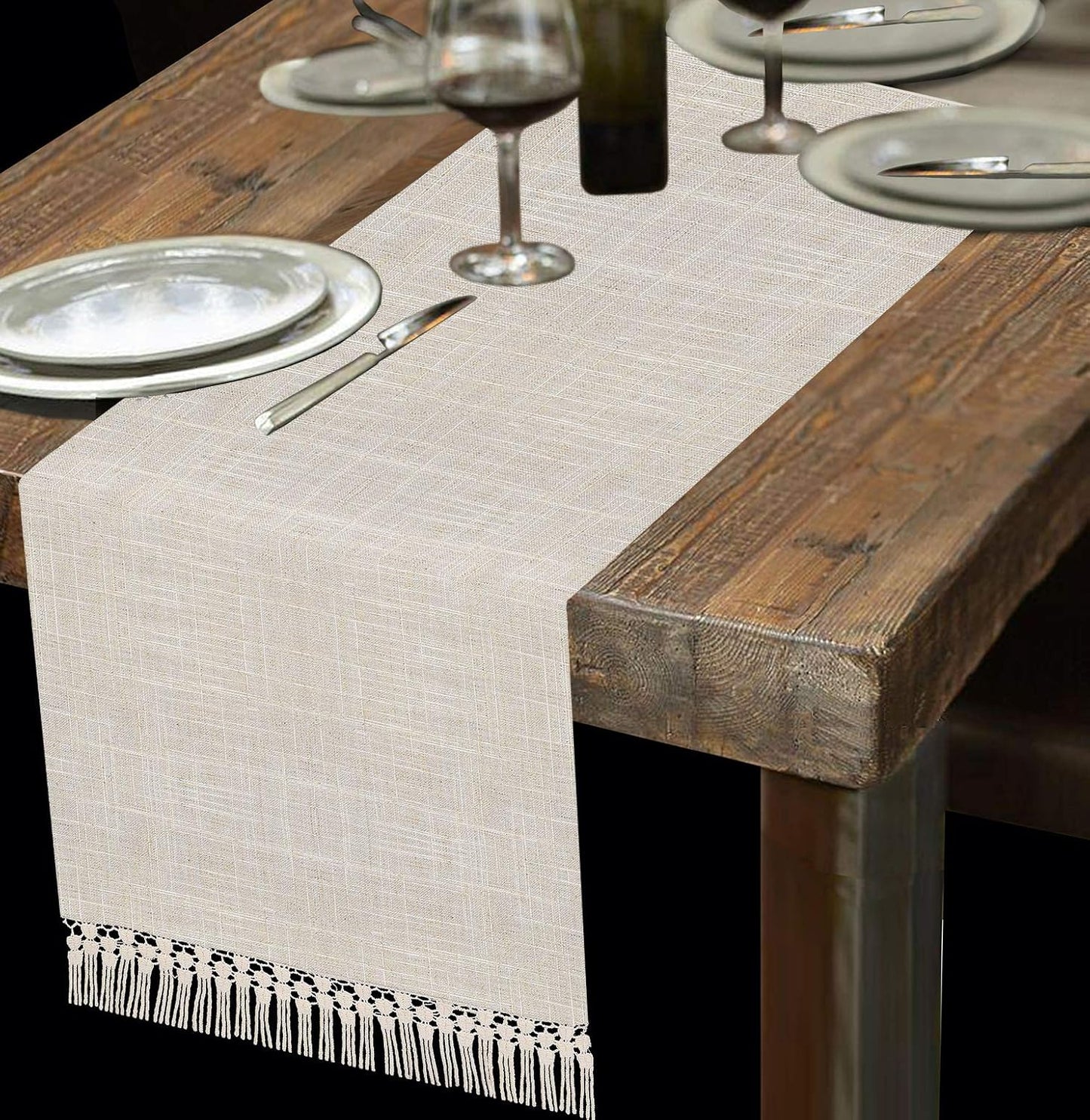 Grelucgo Natural Color Lined Fringe Table Runner or Dresser Scarf, 14 x 48 inches