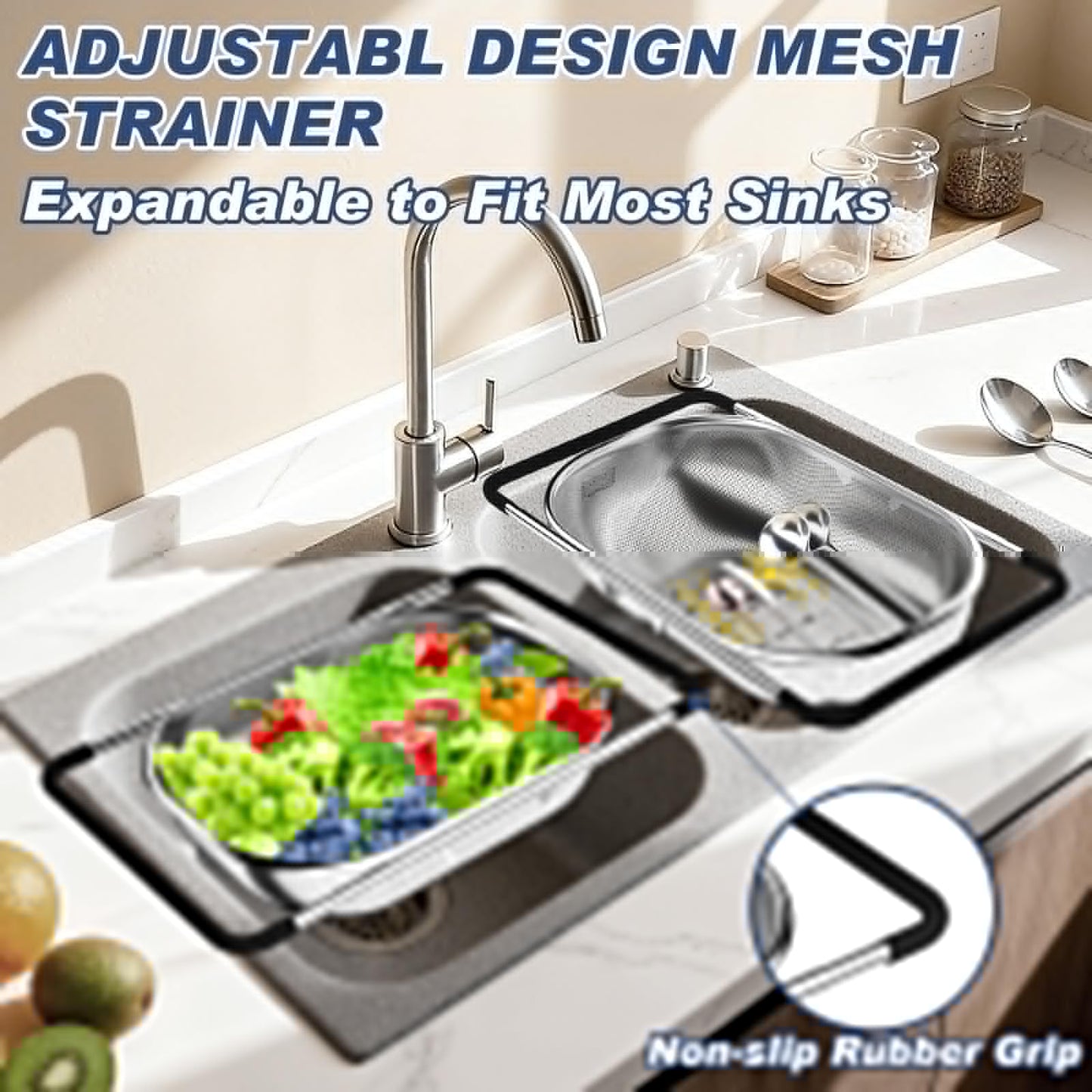 Over the Sink Colander, Expandable Strainers and Colanders with Fine Mesh, Colander for Kitchen with Rubber Grip for Draining Pasta, Vegetables and Fruits - Essential Kitchen Sink Strainer