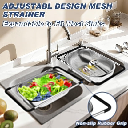 Over the Sink Colander, Expandable Strainers and Colanders with Fine Mesh, Colander for Kitchen with Rubber Grip for Draining Pasta, Vegetables and Fruits - Essential Kitchen Sink Strainer