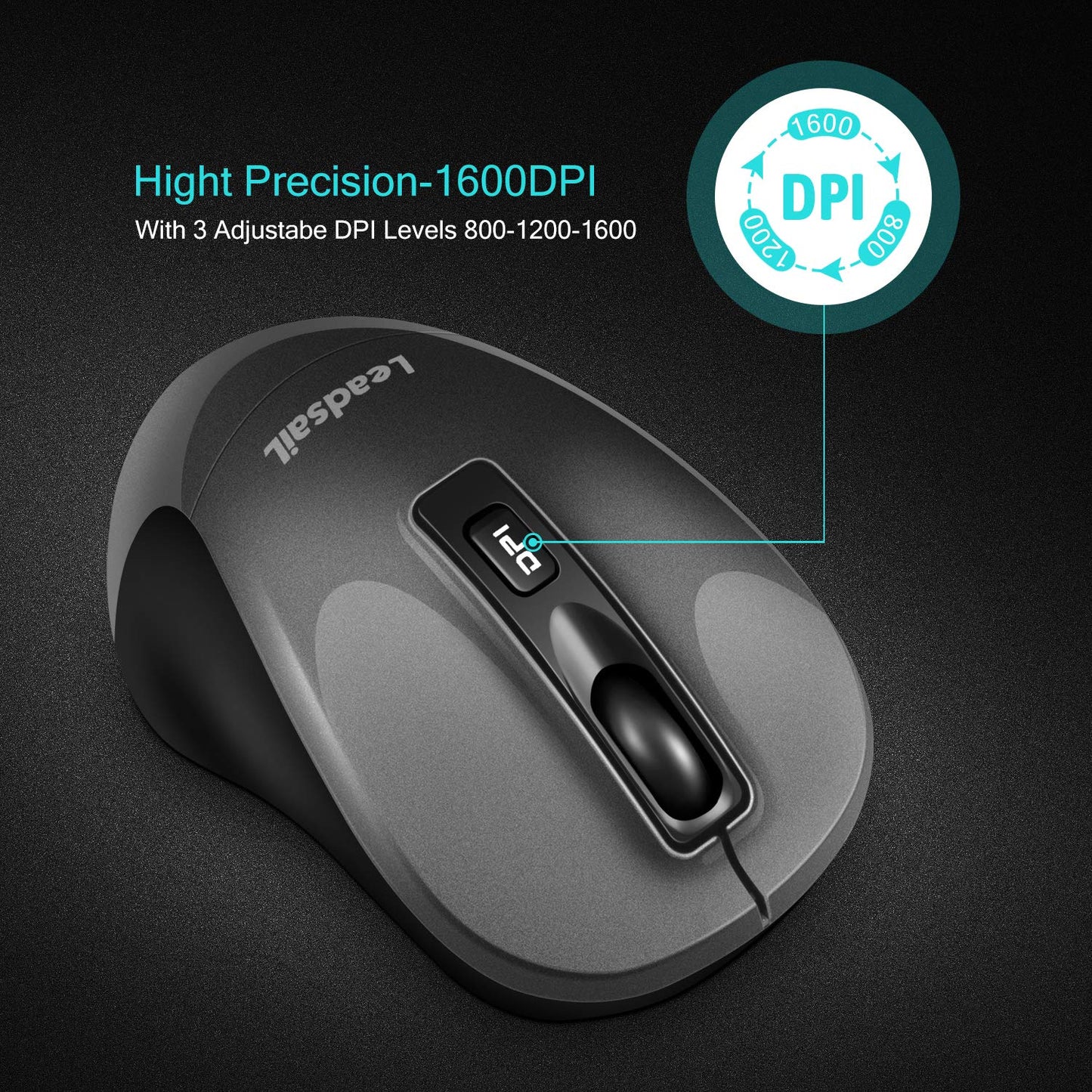 LeadsaiL Wireless Computer Mouse, 2.4G Portable Slim Cordless Mouse Less Noise for Laptop Optical Mouse with 4 Buttons for Laptop, Desktop, MacBook