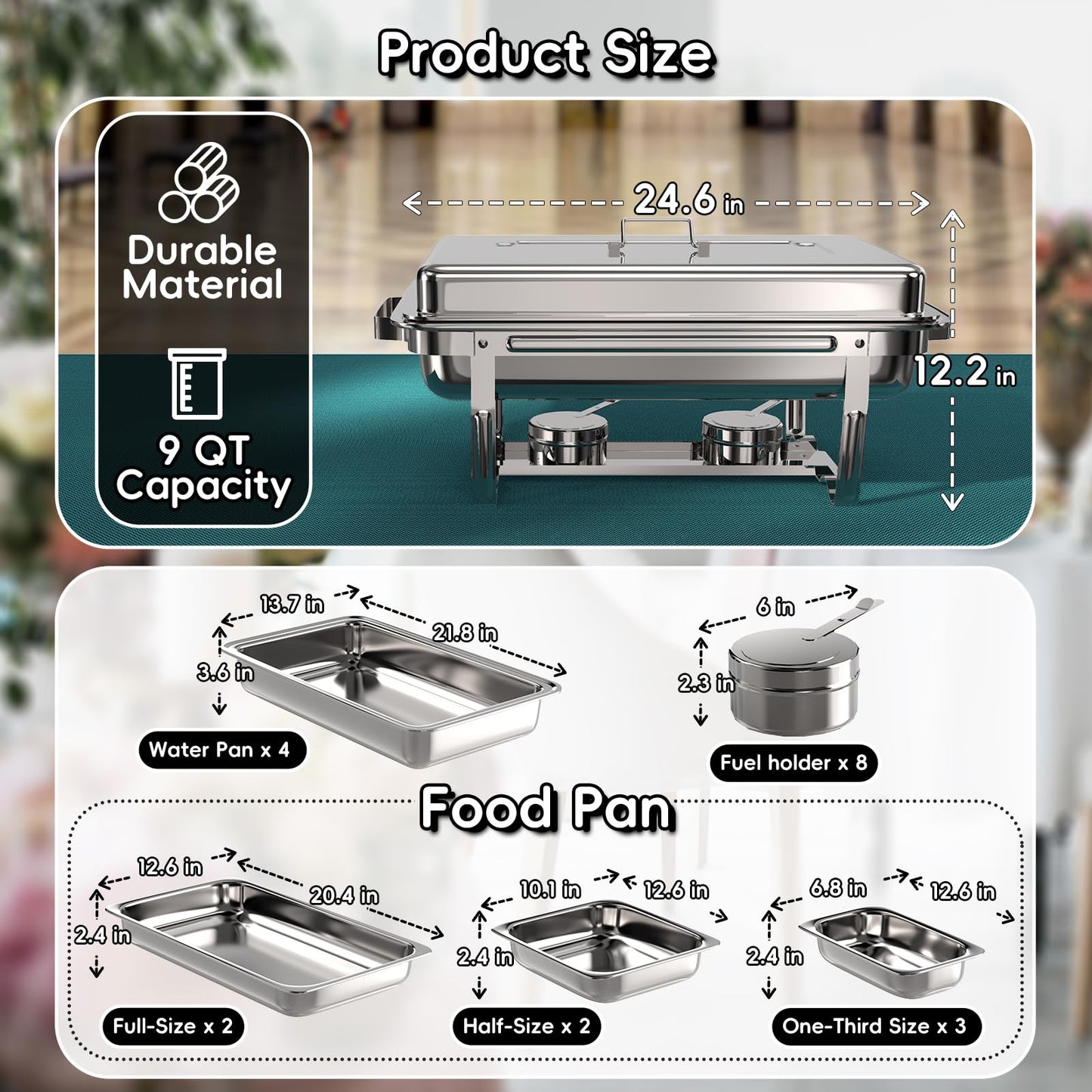 SIFER Chafing Dishes for Buffet 9Qt 4 Pack with Multi-Size Food Pans-Screwless Installation Chafing Dish Buffet Set,Foldable Handles Stacking Design,Stainless Steel for events,Silver