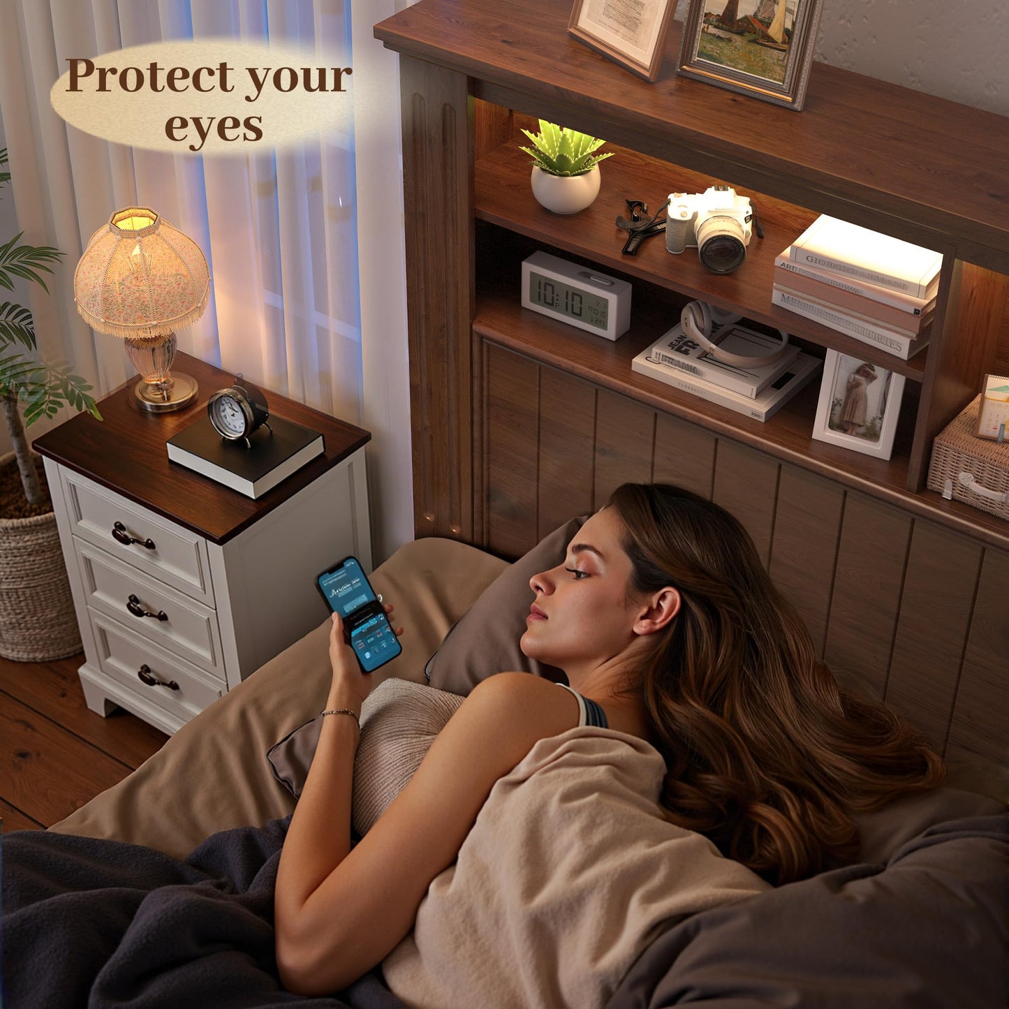 EnHomee King Size Bed Frame with 4 Storage Drawers and Headboard,LED Lights & Charging Ports,No Box Spring Needed for Big House,Noise-Free,Wooden,Brown