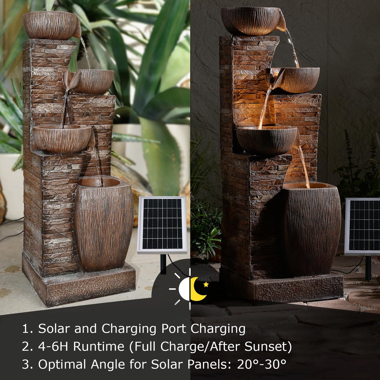 Pivotify 38.2" Tall Solar Powered Water Fountain for Outdoor,4 Tiers Modern Cascading Bowls and Stacked Stones Solar Fountains with LED Lights for Garden, Patio, Deck, Backyard and Home Art Decor