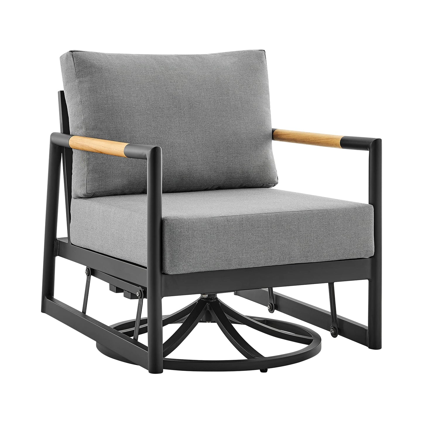 Armen Living Royal Outdoor Patio Swivel Glider Lounge Chair in Black Aluminum and Teak Wood with Cushions