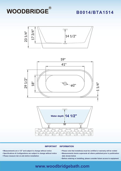 WOODBRIDGE 59" Freestanding White Acrylic Soaking Bathtub with Brushed Gold Drain and Overflow,BTA1514 -BG-Drain &O