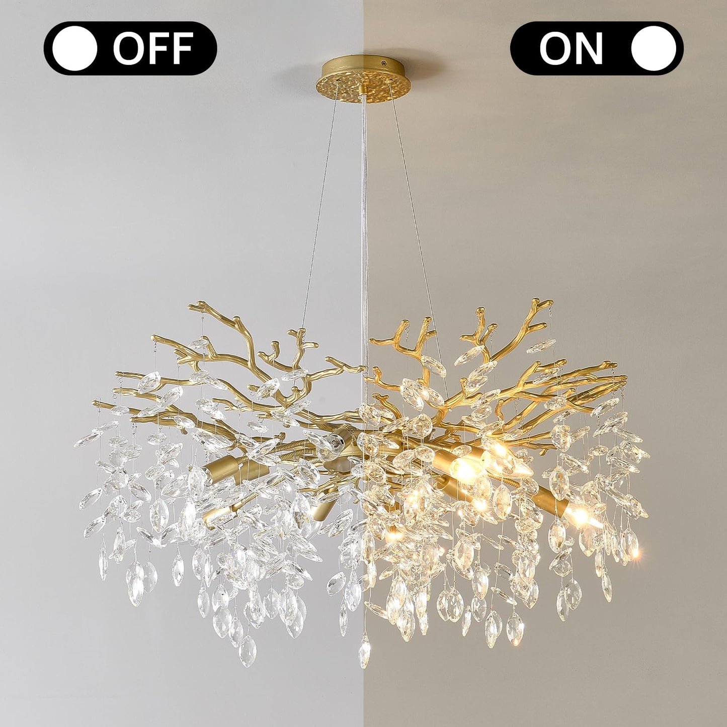 EGM Gold Tree Branch Crystal Chandelier, 32 Inch Modern Raindrop Crystal Ceiling Light Fixtures 10-Light(E12), Hanging Round Chandeliers for Dining Room Living Room Bedroom Foyer