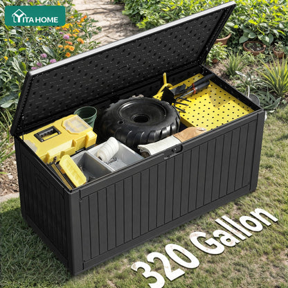 YITAHOME 320 Gallon Extra Large Deck Box, Double-Wall Resin Outdoor Storage Box with Flexible Divider for Patio Cushions Pool Supplies Garden Tools, 1000lbs Load Capacity, Lockable&Waterproof (Black)