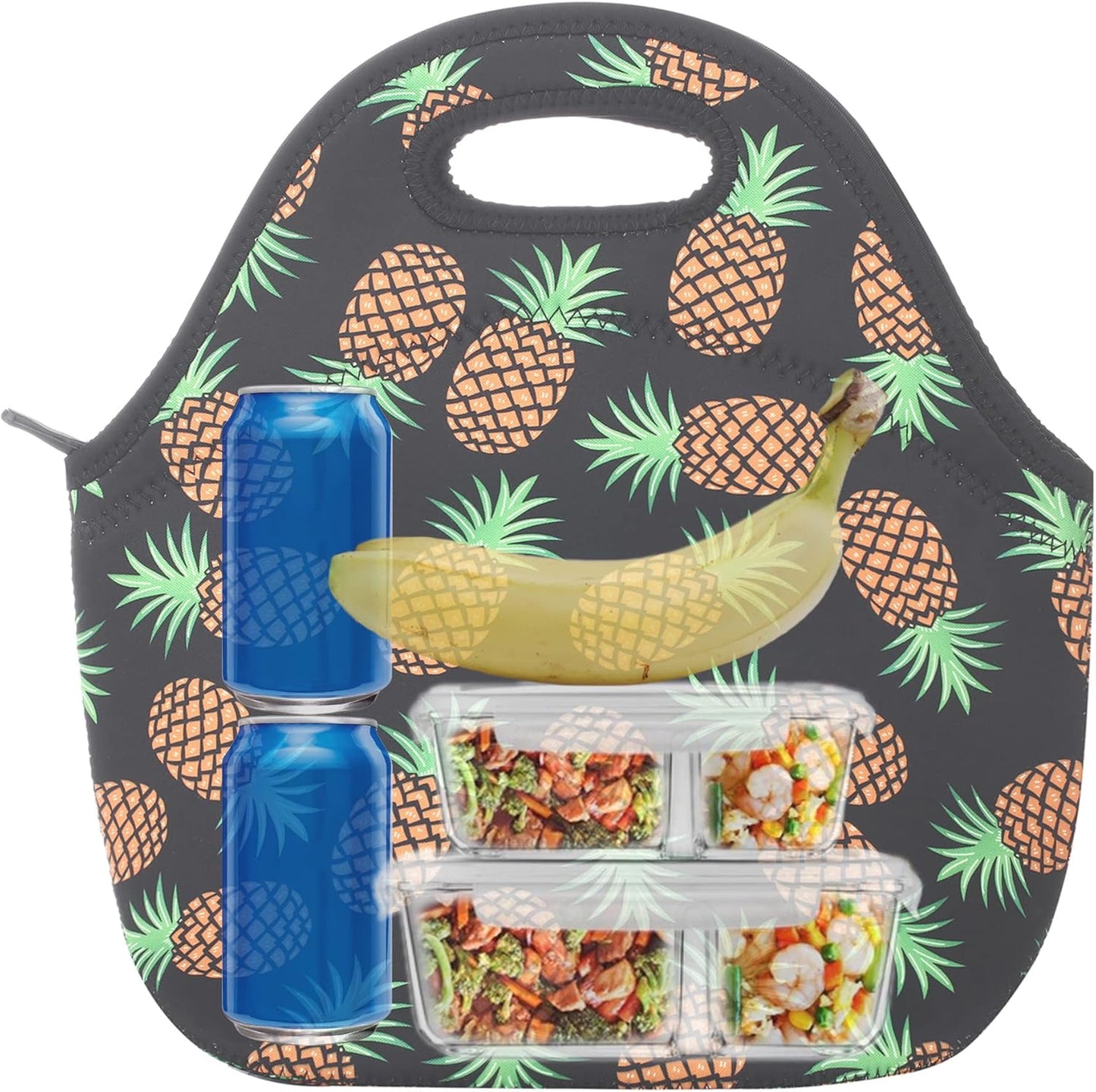 Neoprene Lunch Bag for Kids, Insulated Tote for Women Men, Pineapple Black