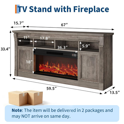 Garvee 68" Farmhouse Electric Fireplace TV Stand, Entertainment Center with Open Storage Cabinets for TVs up to 75", Media Console for Living Room,Grey