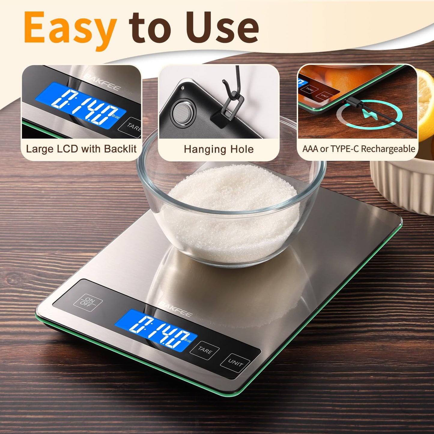 BakFee Food Scale, 33lb Digital Kitchen Scale with Stainless Steel & Tempered Glass, USB Rechargeable, 1g/0.05oz Precise Weighing, Splash-Resistant and Sturdy Surface, for Cooking, Baking, Weight Loss