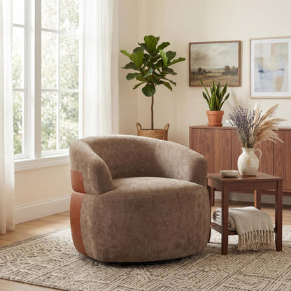 Christopher Knight Home Eldie Fabric Upholstered Swivel Accent Chair with PU Leather Accent, 360-Degree Rotation Armchair, Swivel Barrel Chair with Steel Base+Wood Frame, Lounge Chair Indoor, Brown