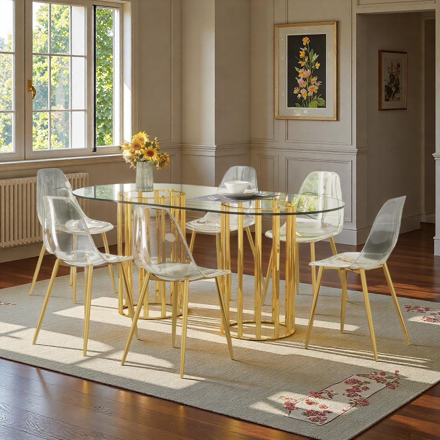 Trygoal Glass Dining Table Set, 7-Piece Table and Chair Set with 71" Oval Glass Dining Table & 6 Clear Acrylic Chairs, Modern 6-Seater Kitchen Table Set with Metal Double Column Luxury Style, Gold