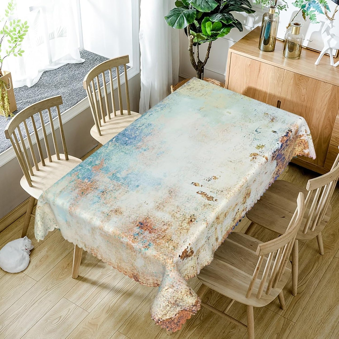 54x86 Inches Mid Century Tablecloth, Yellow and Blue Abstract Modern Art, Spill Proof and Oil Proof Fabric Table Cover