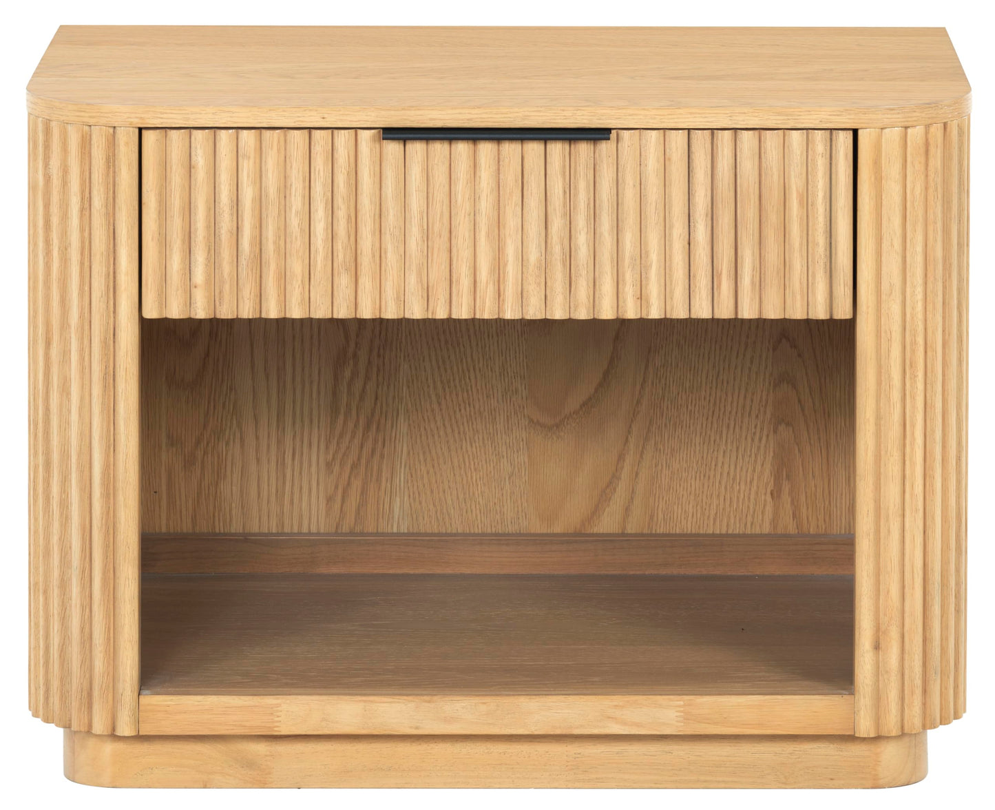 SAFAVIEH Couture Collection – Barrymore Greige Oak Reeded Wood Nightstand, 1 Drawer Bedside Table with Open Shelf, Fully Assembled (SFV2224A)