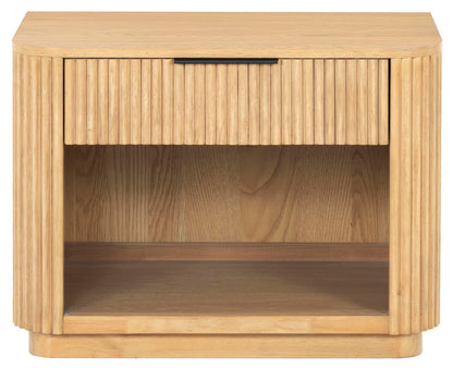 SAFAVIEH Couture Collection – Barrymore Greige Oak Reeded Wood Nightstand, 1 Drawer Bedside Table with Open Shelf, Fully Assembled (SFV2224A)