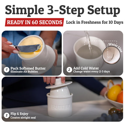 Priority Chef Butter Crock with Lid with Water Line, Ceramic French Butter Dish to Leave On Counter, White