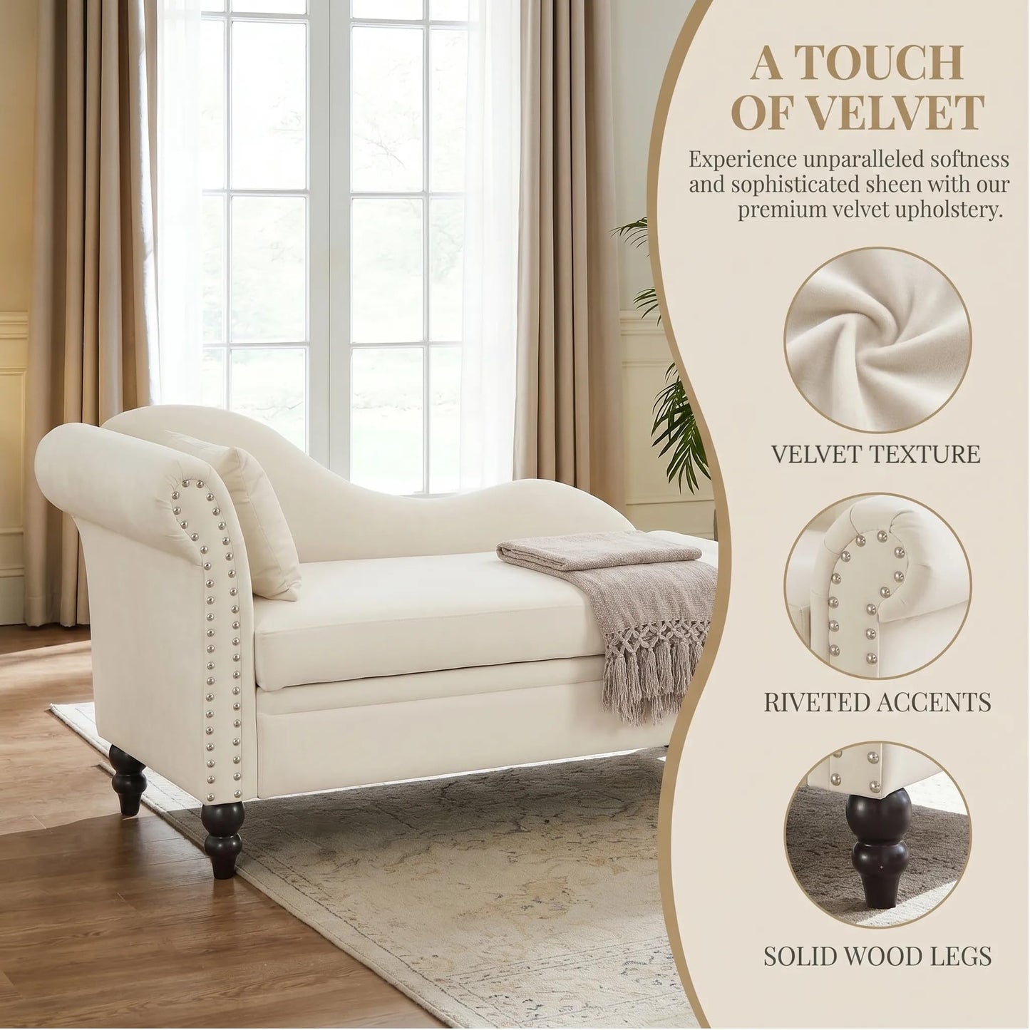 ERYE Velvet Upholstered Right Facing Chaise Lounge Chair, Beige Chaise Lounge Storage W/Nailhead Trim, Wood Legs, Classic Recliner Lounger Accent Sofa for Living Room Bedroom