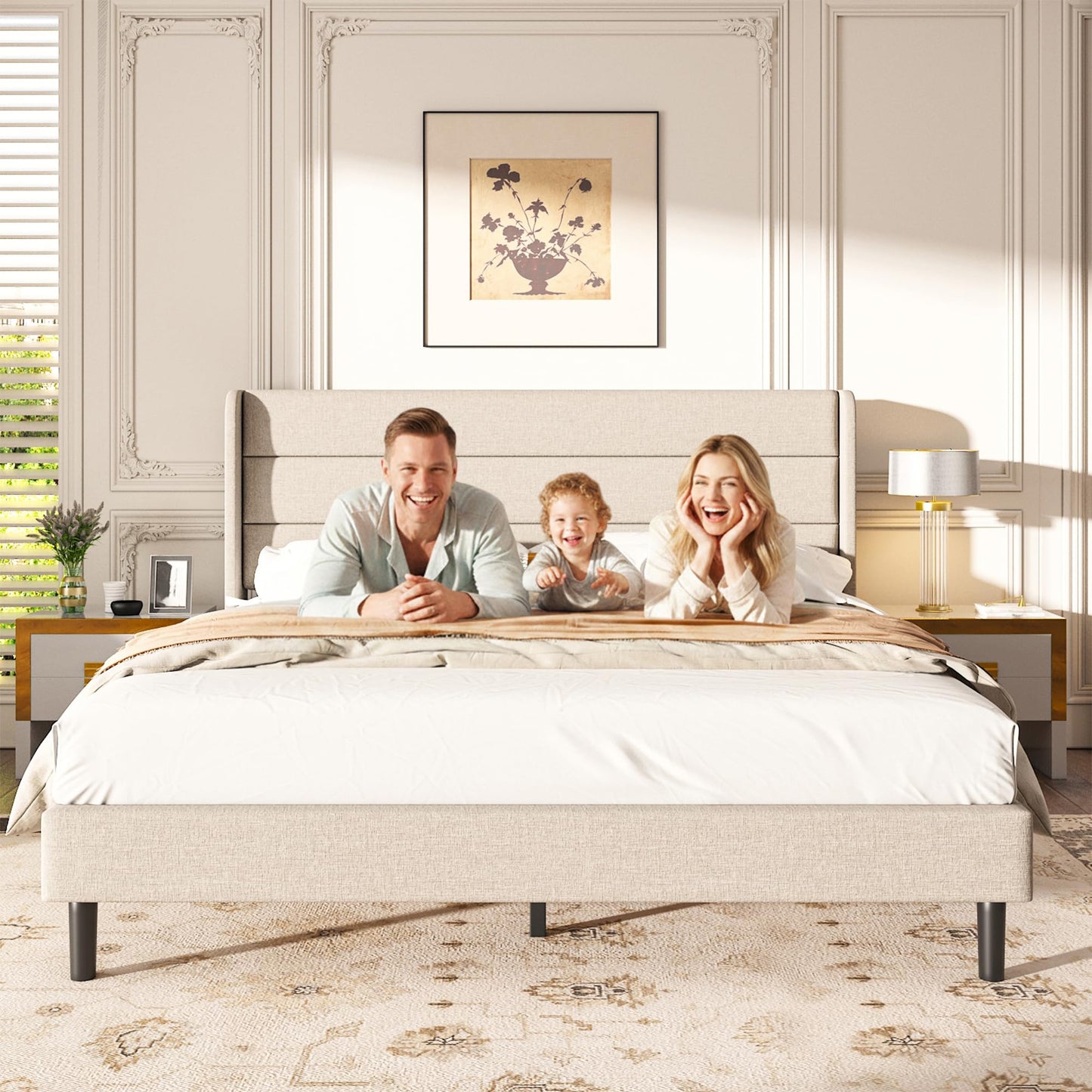Mxhtcewz Queen Size Upholstered Platform Bed Frame, Modern Linen Fabric Bed with Wingback Headboard, Sturdy No Wobble, Noise-Free & Easy Assembly, No Box Spring Needed, Beige