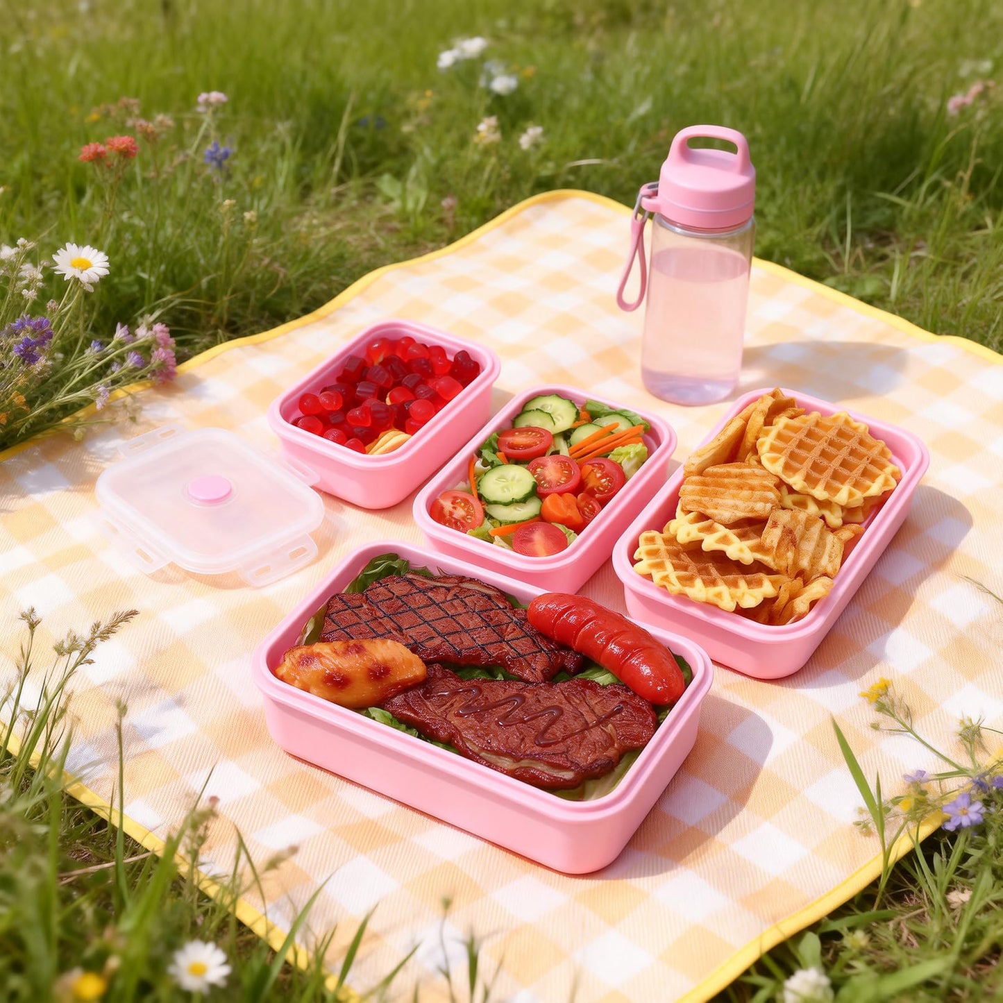 Bgtecho 4 Pack Collapsible Silicone Food Storage Containers with Lids, Silicone Lunch Box for Kitchen, Foldable Collapsible Meal Prep Container, Microwave, Freezer & Dishwasher Safe, BPA Free