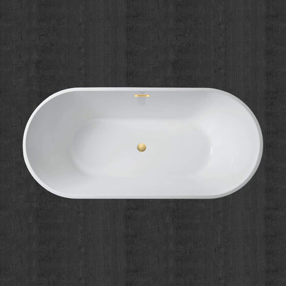 WOODBRIDGE 59" Acrylic Freestanding Bathtub Contemporary Soaking White Tub with Brushed Gold Overflow and Drain，B0014-BG