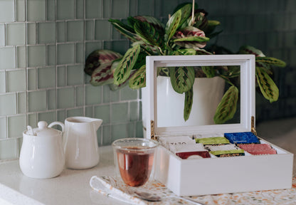 Break Tradition Wooden Tea Organizer For Tea Bags - Wooden Tea Chest With 6 Compartments - Clear Top Window - Lid Stays Open (White)