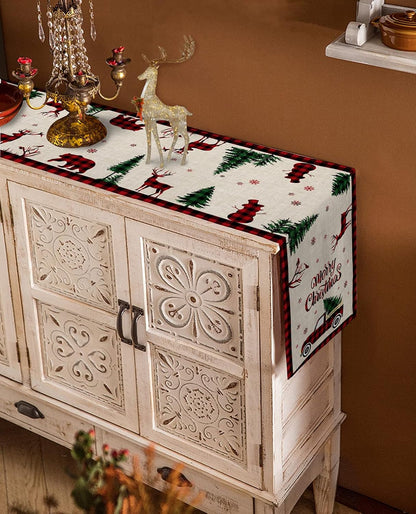 Christmas Truck Cotton Linen Table Runners, 90 Inches Long, Red Buffalo Plaid Non-Slip Burlap for Holiday Decor