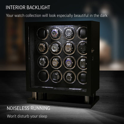 16 Watch Winder for Automatic Watches with LED Light and Coordinated Rotor Stop (Carbon)