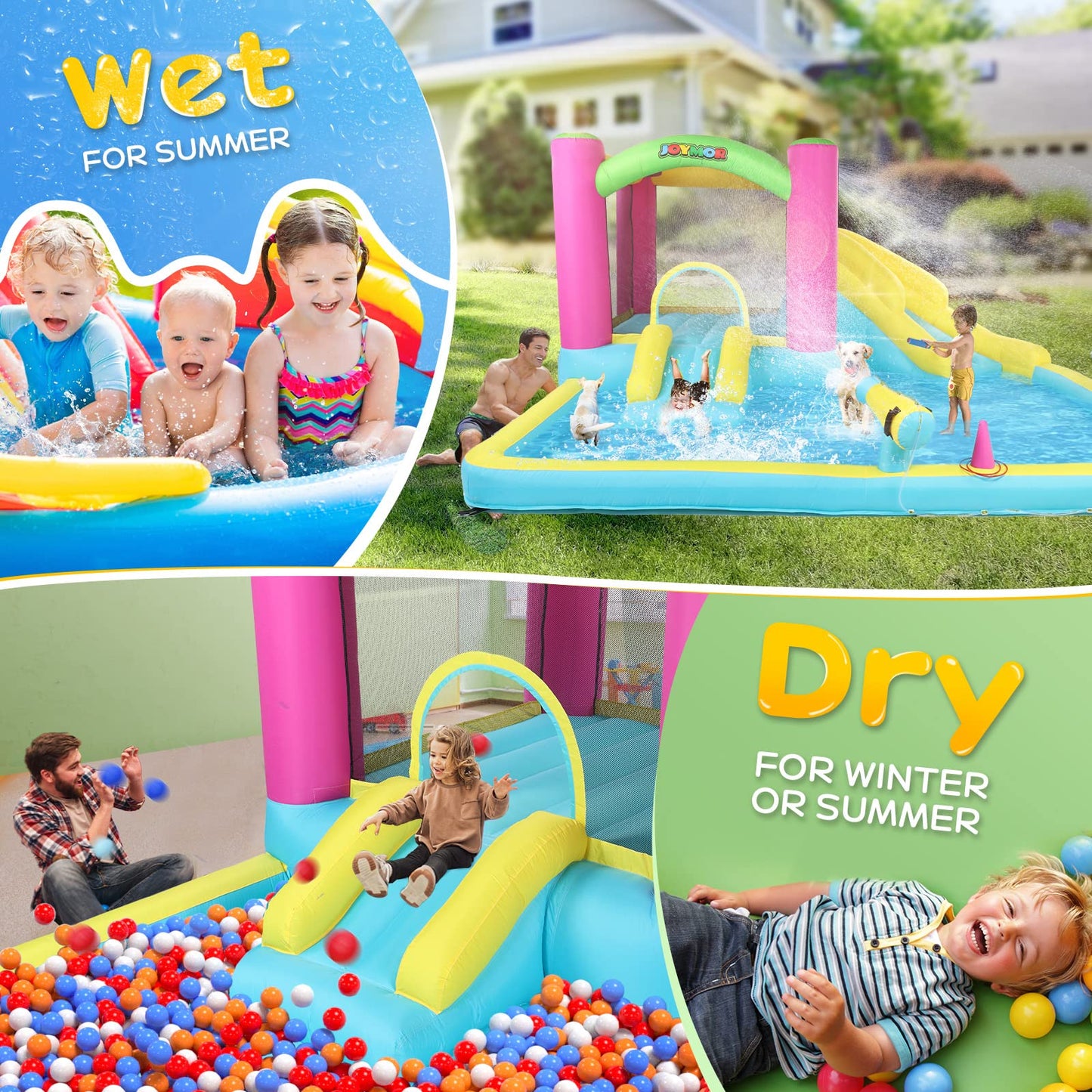 JOYMOR Inflatable Bounce House with Double Water Slide for Kids Toddler Age 3-10, Splash Pool Water Cannons, Ring-Toss Games for Outdoor Backyard Fun Water Toys, Indoor Bouncy Castle with Air Blower