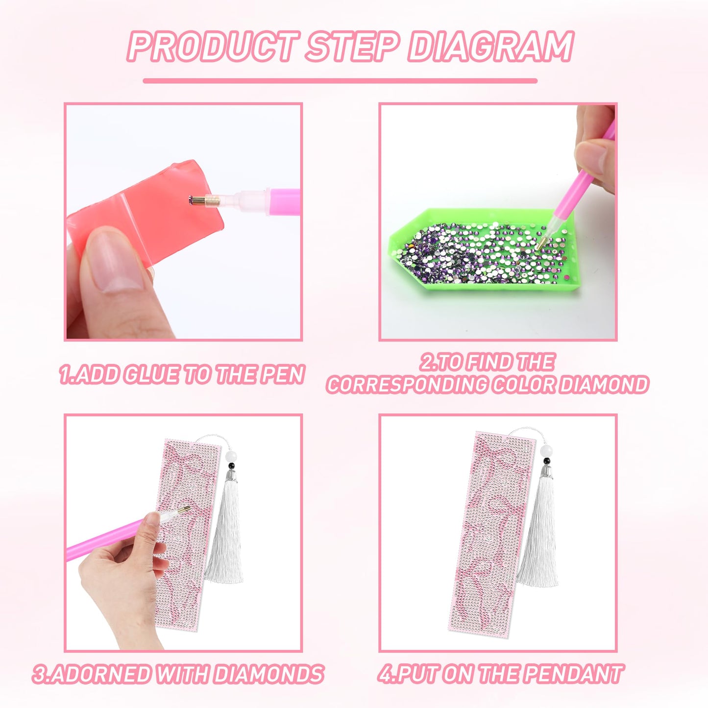 8 Pcs Bow Diamond Art Bookmarks Kit with Tassels, Cute Pink Diamond Painting Bookmarks for Women Book Lovers, DIY Bookmark Making Kit for Adults Beginners Aesthetic Crafts