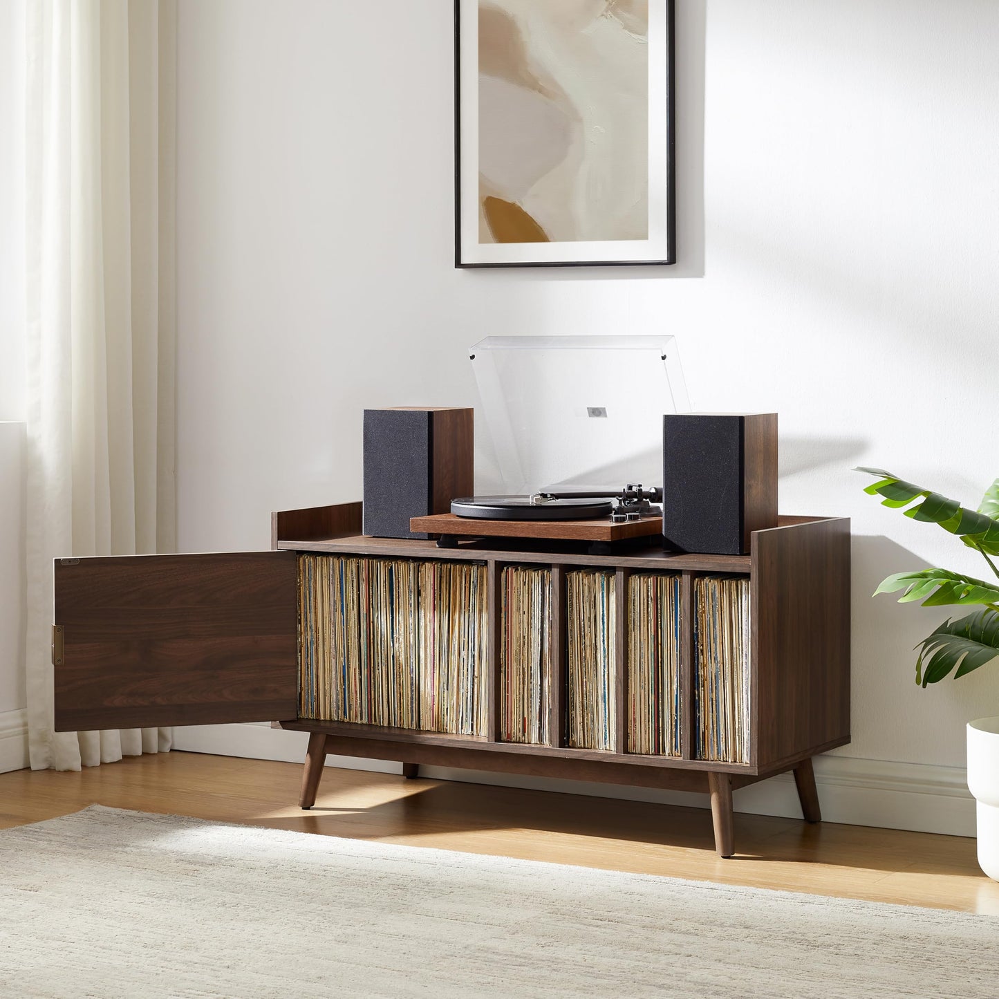 Crosley Furniture Skylar Mid-Century Record Player Cabinet with Vinyl Storage, Turntable Stand for Records, Walnut