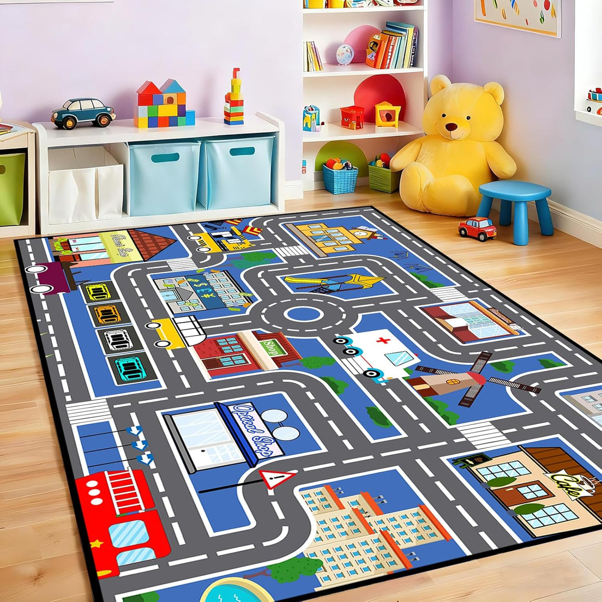 2'5''4' Car Track Rug Blue Road Rug for Kids, Car Traffic Road Play Mat for Kids Room Bedroom Decor City Carpet