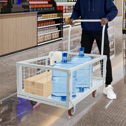 Platform Truck Cart, 4-in-1 Heavy Duty Flatbed Dolly with Detachable Wire Cage, Folding Utility Push Cart with 360° Swivel Casters, Steel Rolling Trolley for Warehouse Garage Transport Moving